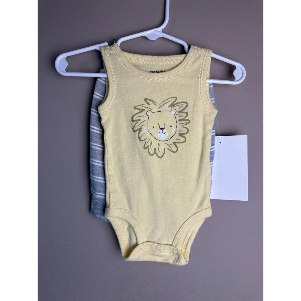 Carters Baby Boy 2 Piece Set Yellow Lion Bodysuit Gray Striped Joggers 3M